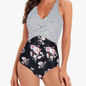 Floral Striped One-Piece Swimsuit size large